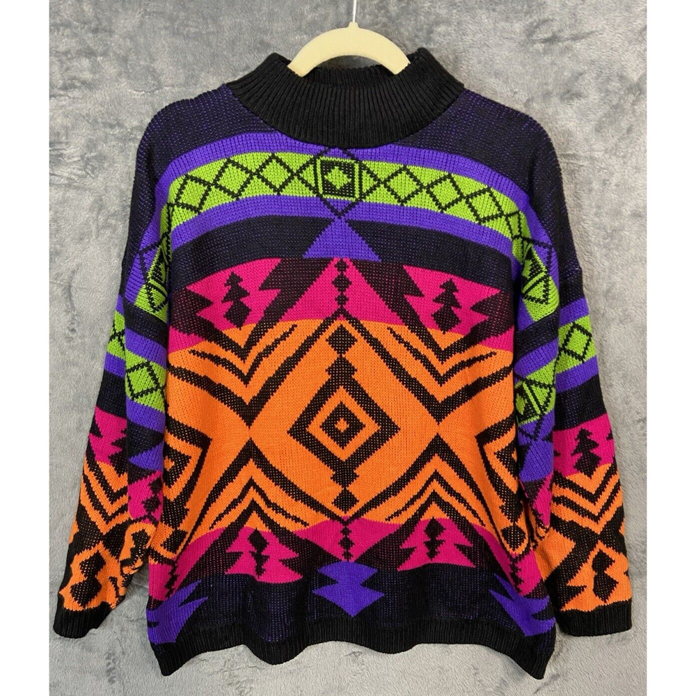 Vintage Liberty Knits One Size Vibrant Multicolor Geometric Sweater 80s USA Made